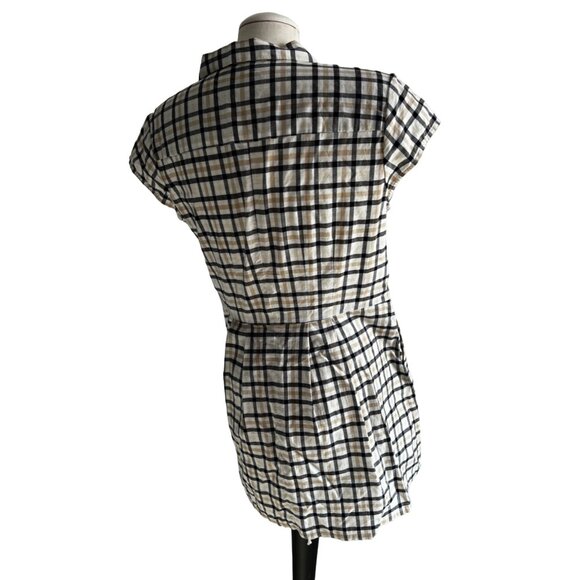 Pendleton Plaid Mini Dress Sz 12 (M/L) Womens Navy Blue Tan Short Sleeve Button - Picture 3 of 16
